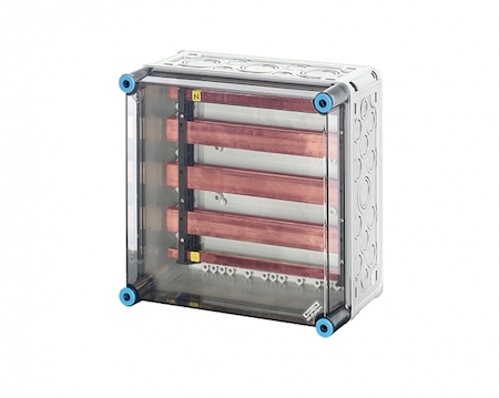 Hensel 2000786 Mi 6256 - Корпус с 5-полюсными токовыми шинами 630А (L=284 мм), межфазное расстояние 60 мм, (шины L1-L3 - 30x10, N - 25х10, PE - 12x10) с прозрачной пломбируемой крышкой, размер 2 (300х300х170 мм), высота крышки 57 мм, 4 боковые выбиваемые стенки с опресс