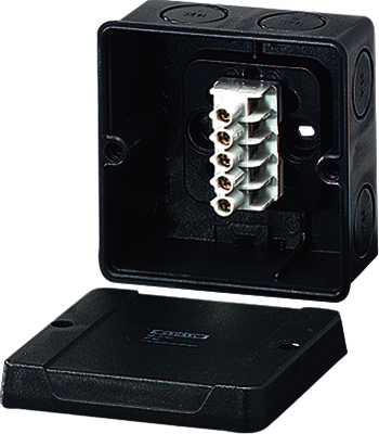 Hensel 60000721 KF 5045 - Коробка ответвительная, стойкая к УФ, IP 66, размер 98х98х61, цвет черный, материал поликарбонат, преднамеченные выбиваемые отверстия на 7 вводов  M 25,  5-полюсный клеммник 1,5-4/6 мм2, кабельные ввода ASS заказываются отдельно.