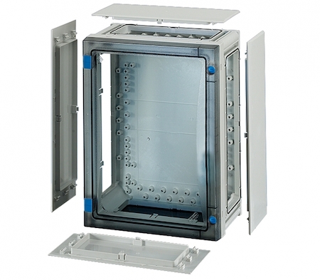 Hensel 68000206 FP 0211 - Пустой корпус с прозрачной дверцей, со съемными боковыми панелями, с 4 соединителями корпусов, размер 2, 366х276х163 мм, открывание инструментом, пломбируемый, материал поликарбонат, цвет серый, IP 66.