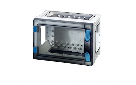Hensel 68000294 FP 0140 - Пустой корпус с прозрачной дверцей, без съемных боковых панелей, с 4 соединителями корпусов, размер 1, 180х270х186 мм, ручное запирание, пломбируемый, материал поликарбонат, цвет серый.