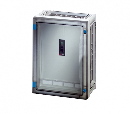 Hensel 68000224 FP 5216 - Корпус с установленным автоматическим выключателем 160А, защитным пластроном, клеммами N+PE, с прозрачной дверцей, без съемных боковых панелей, с 4 соединителями корпусов, размер 2, 360х270х169 мм, открывание инструментом, материал поликарбонат,