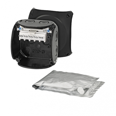 Hensel 62000098 WP 0202 B - Коробка ответвительная, в комплекте с заливным компаундом, объем коробки 350 мл., стойкая к УФ, "водонепроницаемая", размер 93х93х62, цвет черный, материал поликарбонат, преднамеченные выбиваемые отверстия на 7 вводов М20, 5-полюсный клеммник