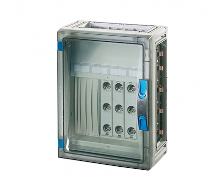 Hensel 68000116 FP 3235 - Корпус с токовыми шинами на 250А, защитным пластроном, клеммами 5х4-35 кв.мм, 12х1,5-16 кв.мм, межфазное расстояние 60 мм, (шины 12х5), 3 установленными перемыкающими предохранителями RS 18 D0, с прозрачной дверцей, без съемных боковых панелей, с 4 соединителями корпусов, размер 2, 360х270х186 мм, материал термопласт/поликарбонат, IP 65, цвет серый