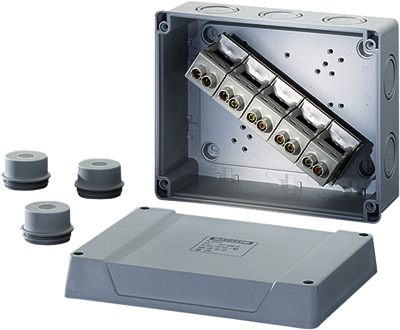 Hensel 6000014 K 9255 - Коробка ответвительная, в комплекте с 3 сальниками ESM 40, размер 160х200х98, цвет серый, материал полистирол, преднамеченные выбиваемые отверстия на 10 вводов  M32/40,  герметичная зона 17-30мм,  5-полюсный клеммник 10-25/35 мм2, IP 55 (ESM) / I