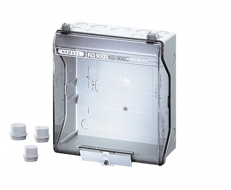 Hensel 3300141 KG 9003 - Пустой корпус в комплекте с 2хESM 25, 1хESM 32, размер 253х217х115, цвет серый, крышка прозрачная пломбируемая, на шарнире, IP 55 (ESM) / IP 65 (AKM), материал полистирол.