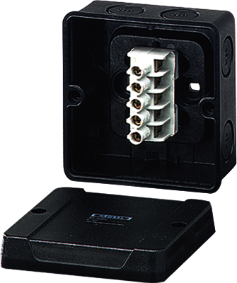 Hensel 60000790 KD 5025 - Коробка ответвительная, стойкая к УФ, IP 66/67, размер 88х88х53, цвет черный, материал поликарбонат, преднамеченные выбиваемые отверстия на 7 вводов  M20, 5-полюсный клеммник под кабель до 1,5-2,5/4 мм2, кабельные ввода ASS заказываются отдельно