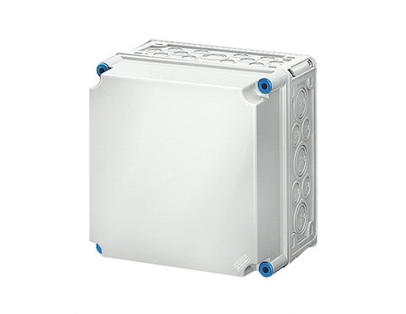 Hensel 2000009 Mi 0211 - Пустой корпус с непрозрачной крышкой, размер 2 (300х300х214 мм), высота крышки 101 мм, 4 боковые выбиваемые стенки с опрессовкой под кабельные ввода, с возможностью объединения, стойкие к УФ, материал поликарбонат, цвет серый, IP 65 (IP 69K)
