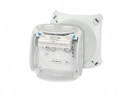 Hensel 62000004 DK 0404 G - Коробка ответвительная, пломбируемая, для внутренней, или защищеной установки, размер 104х104х70 мм, 7 мембранных вводов (9-17 мм) по периметру коробки и 1 мембранный ввод в основании (6-15 мм), петли внешнего крепления и поводок крышки в комп