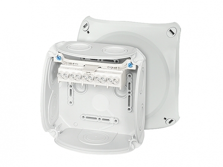 Hensel 62000007 DK 0606 G - Коробка ответвительная, пломбируемая, для внутренней, или защищеной установки, размер 130х130х77 мм, 7 мембранных вводов (9-21 мм) по периметру коробки и 1 мембранный ввод в основании (9-20 мм), петли внешнего крепления и поводок крышки в комп