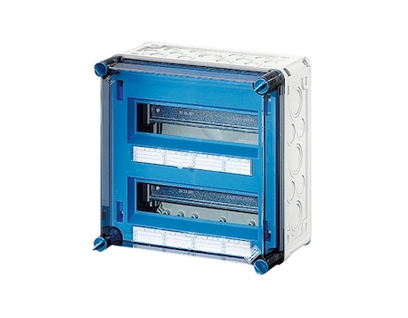 Hensel 2000612 Mi 1225 - Корпус 2-рядный, 24 модуля, под модульные автоматы с прозрачной крышкой, пластроном без шин N+PE, размер 2 (300х300х170 мм), высота крышки 57 мм, 4 боковые выбиваемые стенки с опрессовкой под кабельные ввода, с возможностью объединения, стойкие