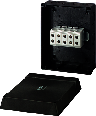 Hensel 60000795 KD 5355 - Коробка ответвительная, стойкая к УФ, IP 66/67, размер 260х210х117, цвет черный, материал поликарбонат, преднамеченные выбиваемые отверстия на 12 вводов  M 20/25/32/40/50, 5-полюсный клеммник 16-35/50 мм2, кабельные ввода ASS заказываются отдель