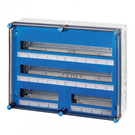 Hensel 20001319 Mi 1684 - Корпус 3-рядный, 80 модулей (2х28 модулей и 2х12 модулей), под модульные автоматы с прозрачной крышкой, пластроном и шинами N+PE на каждую 6х25мм2 и 24х4мм2, размер 6 (4500х600х170 мм), высота крышки 57 мм, 4 боковые выбиваемые стенки с опрессов