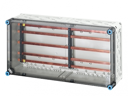 Hensel 2000665 Mi 6452 - Корпус с 5-полюсными токовыми шинами 250А (L=584 мм), межфазное расстояние 60 мм, (шины L1-L3 - 12x10, N+PE - 12x5) с прозрачной пломбируемой крышкой, размер 4 (300х600х170 мм), высота крышки 57 мм, 4 боковые выбиваемые стенки с опрессовкой под