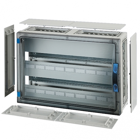 Hensel 68000160 FP 1408 - Корпус с прозрачной дверцей 2-рядный на 54 модуля, с пластроном, с шинами N+PE, со съемными боковыми панелями, с 6 соединителями корпусов, размер 3, 366х546х186 мм, ручное запирание, пломбируемый, материал поликарбонат, цвет серый, IP 66.