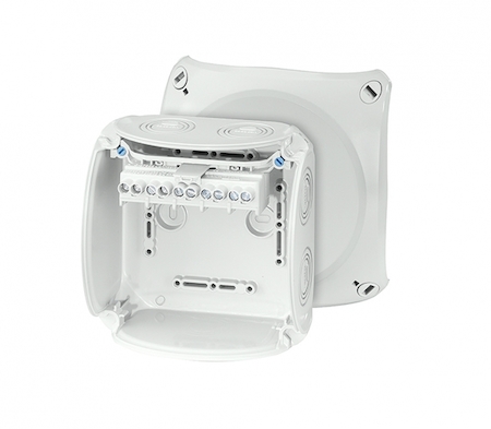 Hensel 62000055 KF 0606 G - Коробка ответвительная, стойкая к УФ, "всепогодная", IP 66/67, размер 130х130х77, цвет светло-серый, материал поликарбонат, преднамеченные выбиваемые отверстия на 7 вводов М20/M25/М32, 5-полюсный клеммник от 1,5 - 10 (f/sol) мм2, возможна уста