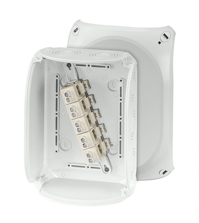 Hensel 62000065 KF 1610 G - Коробка ответвительная, стойкая к УФ, "всепогодная", IP 66/67, размер 155х210х92, цвет светло-серый, материал поликарбонат, преднамеченные выбиваемые отверстия на 10 вводов М25/M32/М40, 5-полюсный клеммник от 2,5 - 10 (sol) или 16 (s) мм2, воз