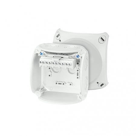 Hensel 62000049 KF 0404 G - Коробка ответвительная, стойкая к УФ, "всепогодная", IP 66/67, размер 104х104х70, цвет светло-серый, материал поликарбонат, преднамеченные выбиваемые отверстия на 7 вводов М20/M25, 5-полюсный клеммник от 1,5 - 6 (f/sol) мм2, кабельные ввода AK