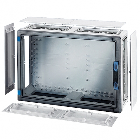 Hensel 68000308 FP 0441 - Пустой корпус с прозрачной дверцей, со съемными боковыми панелями, с 6 соединителями корпусов, размер 4, 366х546х186 мм, ручное запирание, пломбируемый, материал поликарбонат, цвет серый, IP 66.