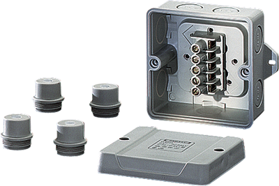 Hensel 6000003 D 9125 - Коробка ответвительная, с внешним креплением, в комплекте с 4 сальниками ESM 20, размер 88х88х53, цвет серый, материал полистирол, преднамеченные выбиваемые отверстия на 7 вводов  M20,  герметичная зона 6-13мм,  5-полюсный клеммник 1,5-2,5/4 мм2,