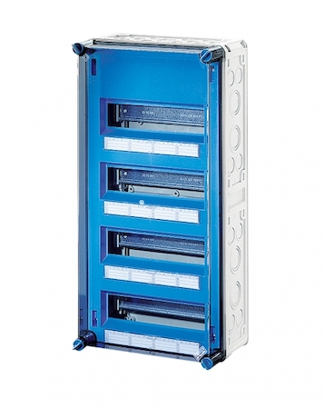 Hensel 2000610 Mi 1448 - Корпус 4-рядный, 48 модулей, под модульные автоматы с прозрачной крышкой, пластроном и шинами N+PE на каждую 6х25мм2 и 24х4мм2, размер 4 (300х600х170 мм), высота крышки 57 мм, 4 боковые выбиваемые стенки с опрессовкой под кабельные ввода, с возм