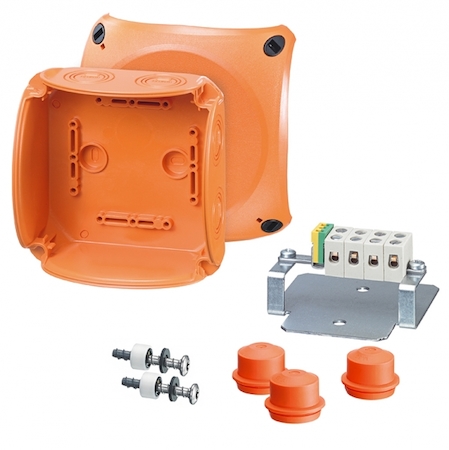 Hensel 62000182 FK 0604 - Коробка ответвительная для пожароопасных зон, предел огнестойкости Е30 и Е90, IP 65/66, размер 130х130х77, цвет оранжевый, материал поликарбонат, в комплекте с 3-мя сальниками EDKF 32 (IP65), герметичная зона 8-23мм, 5-пол. клемма из жаропрочной