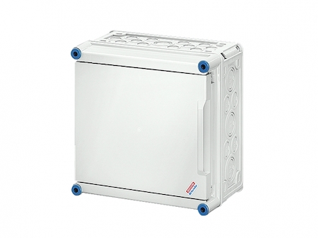 Hensel 2000062 Mi 0221 - Пустой корпус с непрозрачной крышкой и дверью на шарнирах, размер 2 (300х300х182 мм), высота крышки 69 мм, 4 боковые выбиваемые стенки с опрессовкой под кабельные ввода, с возможностью объединения, стойкие к УФ, материал поликарбонат, цвет серый