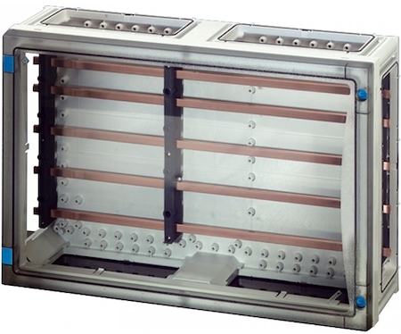 Hensel 68000217 FP 3402 - Корпус с токовыми шинами на 250А, межфазное расстояние 60 мм, (шины 12х5), с прозрачной дверцей, без съемных боковых панелей, с 6 соединителями корпусов, размер 4, 360х540х163 мм, открывание инструментом, материал поликарбонат, цвет серый