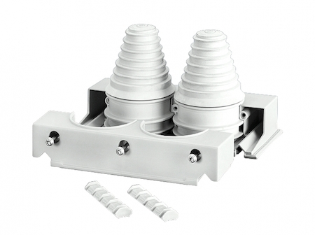 Hensel 68000073 FP FG 282 - Разборный фланец для ввода 2-х кабелей с 2 ступенчатыми сальниками,  с крепежными клиньями, герметичная зона 30-72 мм, стенка корпуса 270 мм, материал поликарбонат, цвет серый, IP 65.