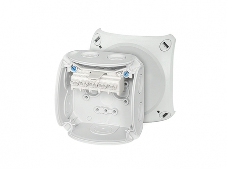 Hensel 62000001 DK 0202 G - Коробка ответвительная, пломбируемая, размер 93х93х62 мм, 7 мембранных вводов (6-15 мм) по периметру коробки и 1 мембранный ввод в основании ( 6-13 мм), петли внешнего крепления и поводок крышки в комплекте, 5-полюсный сдвоенный клеммник от 0,