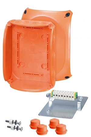Hensel 62000186 FK 1608 - Коробка ответвительная для пожароопасных зон, предел огнестойкости Е30 и Е90, IP 65/66, размер 155х210х92, цвет оранжевый, материал поликарбонат, в комплекте с 4-мя сальниками EDKF 25 (IP65), герметичная зона 9-17мм, 10-пол. клемма из жаропрочно