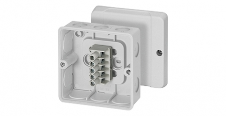 Hensel 6000272 DE 9345 - Коробка ответвительная, IP 55, размер 98х98х52, цвет серый, материал полистирол, уплотнительные эластичные мембраны на 10 вводов, герметичная зона  6,5-18мм, 5-пол. клеммник 1,5-4/6 мм2