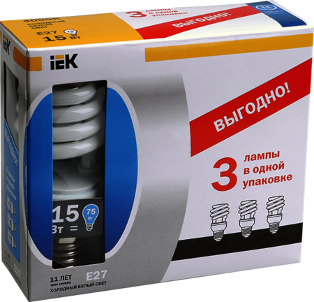 IEK LLE20-27-015-2700-T2-S3 Лампа спираль КЭЛ-S Е27 15Вт 2700К Т2 ПРОМОПАК 3 шт ИЭК