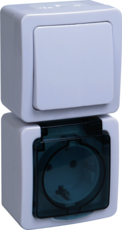 IEK EBVMP20-K03-31-54-EC БВб-22-31-ГПБд блок "выкл 1кл + розетка 1м с з/к" о/у  IP54 ГЕРМЕС PLUS (кл.бел./кр.дым)