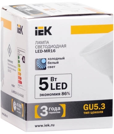 LL-MR16-5-12-40-GU5 Лампа светодиодная MR16 софит 5 Вт 350 Лм 12 В 4000 К GU5.3 IEK