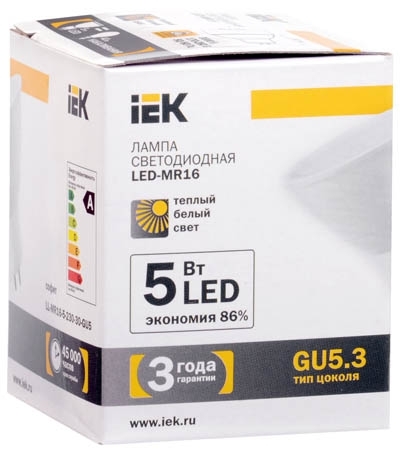 LL-MR16-5-230-30-GU5 Лампа светодиодная MR16 софит 5 Вт 330 Лм 230 В 3000 К GU5.3 IEK
