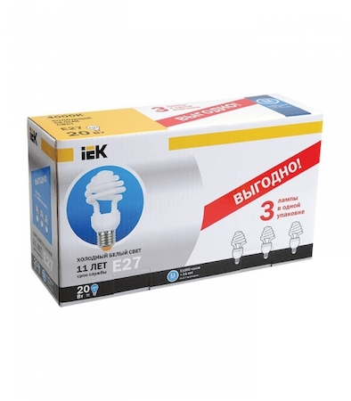 IEK LLE21-27-020-4000-T3-S3 Лампа спираль КЭЛ-ZS Е27 20Вт 4000К Т3 ПРОМОПАК 3 шт ИЭК
