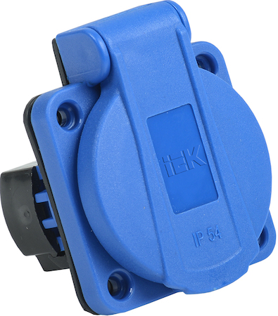 Фото IEK PSN71-016-3-2-54-K07 Розетка панельная РП12-3 с з/к с крышкой 2Р+РЕ 16А IP54 MAGNUM синяя