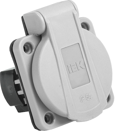Фото IEK PSN71-016-3-2-54-K03 Розетка панельная РП13-3 с з/к с крышкой 2Р+РЕ 16А IP54 MAGNUM серая
