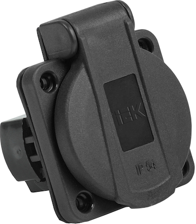 Фото IEK PSN71-016-3-2-54-K02 Розетка панельная РП14-3 с з/к с крышкой 2Р+РЕ 16А IP54 MAGNUM черная