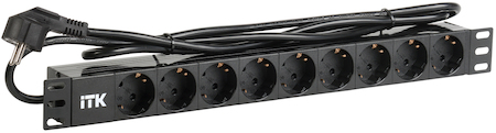 Фото IEK PH22-9D1-P ITK PDU 9 розеток DIN49440 (нем. cтанд.) 1U, шнур 2м вилка DIN49441 (нем. станд.), профиль из ПВХ, черный