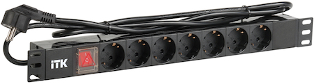 Фото IEK PH12-7D1 ITK PDU 7 розеток нем. стандарт, с LED выключателем,1U, шнур 2м вилка нем. стандарт, алюминиевый профиль