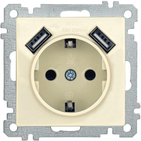 ERB14-K33-16-U2 РЮш10-1-Б Роз. с з/к с з/ш 16A USBx2 2,1A BOLERO крем. IEK