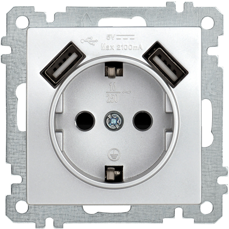 ERB14-K23-16-U2 РЮш10-1-Б Роз. с з/к с з/ш 16A USBx2 2,1A BOLERO серебр. IEK
