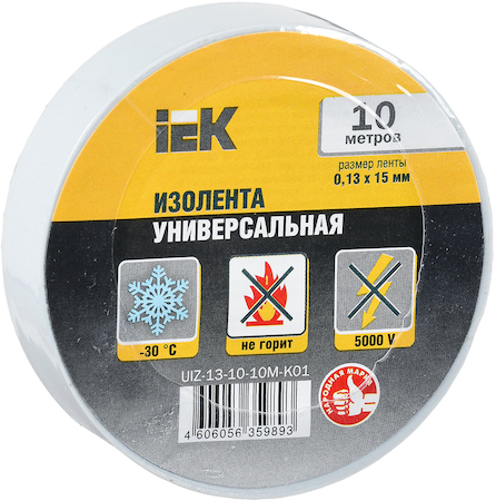 IEK UIZ-13-10-10M-K01 Изолента 0,13х15 мм белая 10 метров ИЭК