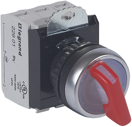 Legrand 023761 Osmoz перекл. с подсв. КРАСН.ручк. 12-24В 2 п с фикс. 45 град.(0-1)+НО+Н3 конт.бл.