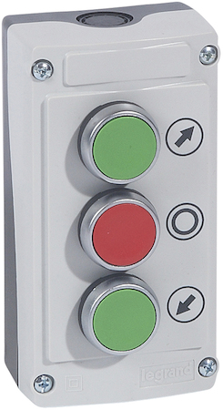Legrand 024236 Osmoz 3 кн.пост. в сборе СЕР. зел "↑"+НО, крас. "О"+НЗ, зел. "↓"+НО