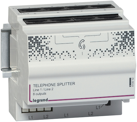 Legrand 413012 Cплитер телефонный на 8 выходов или на 2 линии телефонной связи. Размер: 4DIN