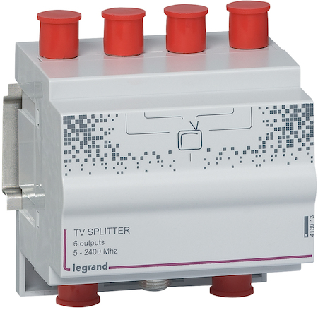 Legrand 413013 ТВ сплитер на 6 выходов. Частоты: 5-2400МГц. Размер: 4DIN