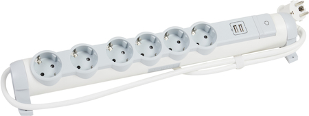 Legrand 694617 Удл. 6x2К+З 1,5м 2xUSB бел/сер
