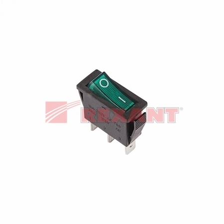 36-2213 Выключатель клавишный 250V 15А (3с) ON-OFF зеленый  с подсветкой (RWB-404, SC-791, IRS-101-1C)  REXANT